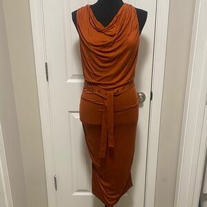 Donna Karan | M -  Rust Orange Draped Midi Dress w/ belt & lined